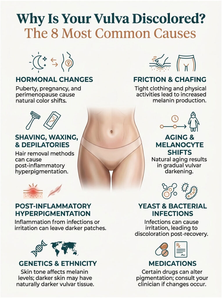 Infographic explaining eight common causes of vulvar discoloration, including hormonal changes and infections.