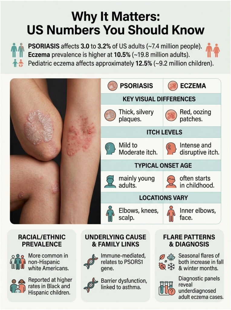 Infographic comparing psoriasis and eczema with statistics, visual differences, and demographic data.