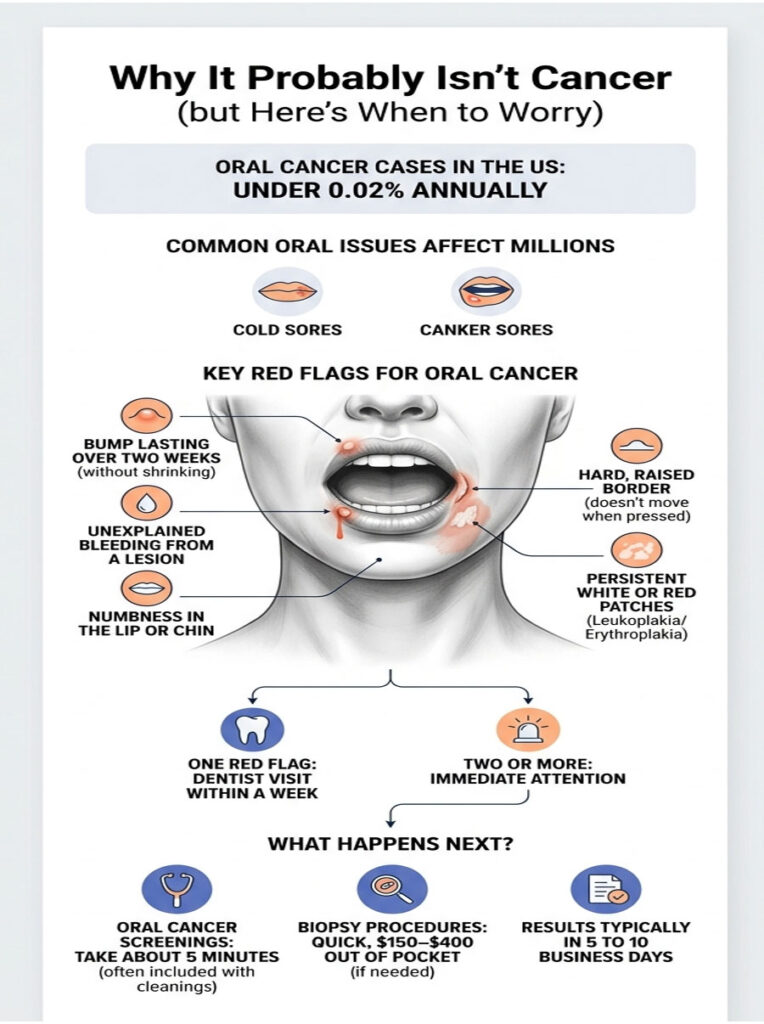 Infographic showing oral cancer signs, statistics, and key red flags for diagnosis with illustrations and icons.