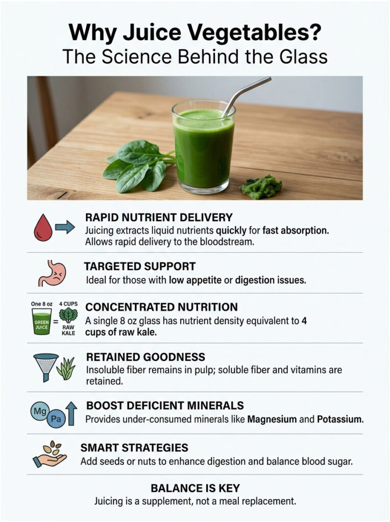 Green juice in a glass with text explaining nutrient delivery, support, and benefits of juicing vegetables. Infographic.