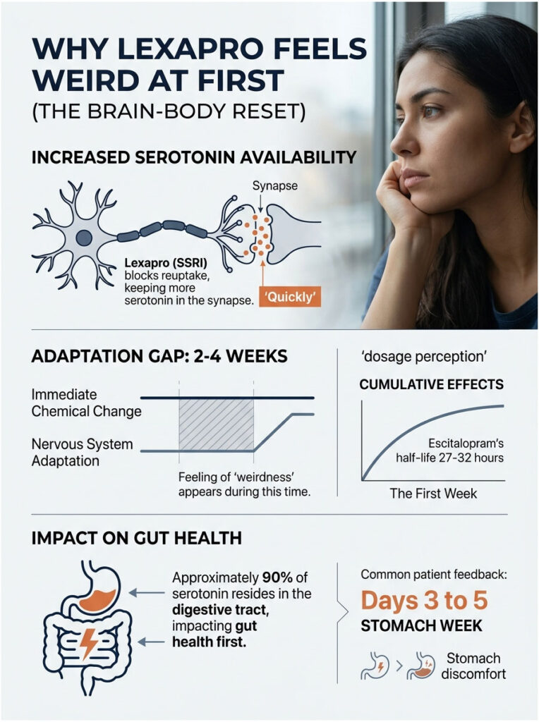 Infographic explaining Lexapro's effects on serotonin, adaptation period, and gut health impact with illustrations.