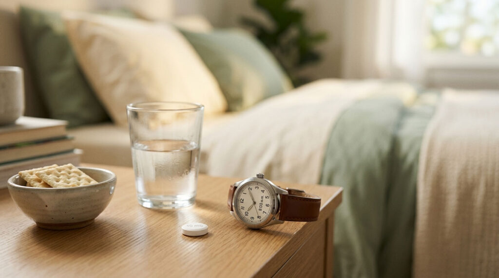 A bedside table with a watch, water glass, medication, and crackers in a cozy bedroom setting.