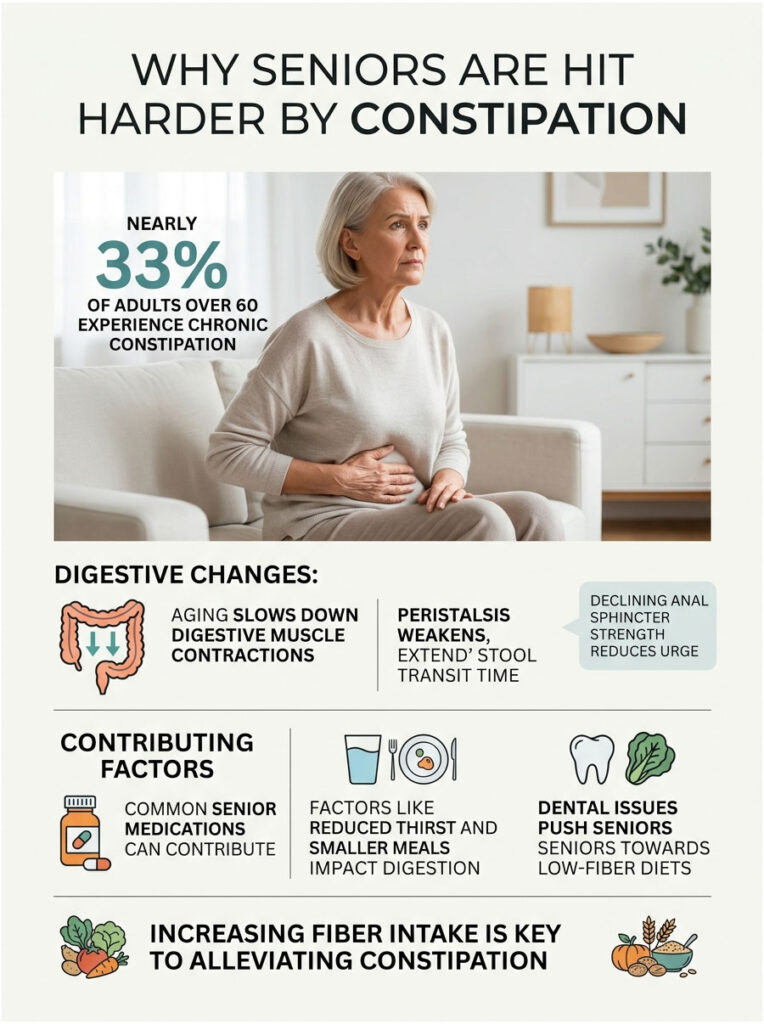 Infographic explaining why seniors face chronic constipation, featuring statistics and digestive changes.