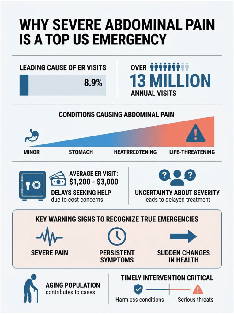 Infographic showing reasons for severe abdominal pain as a top US emergency, with statistics and warning signs.