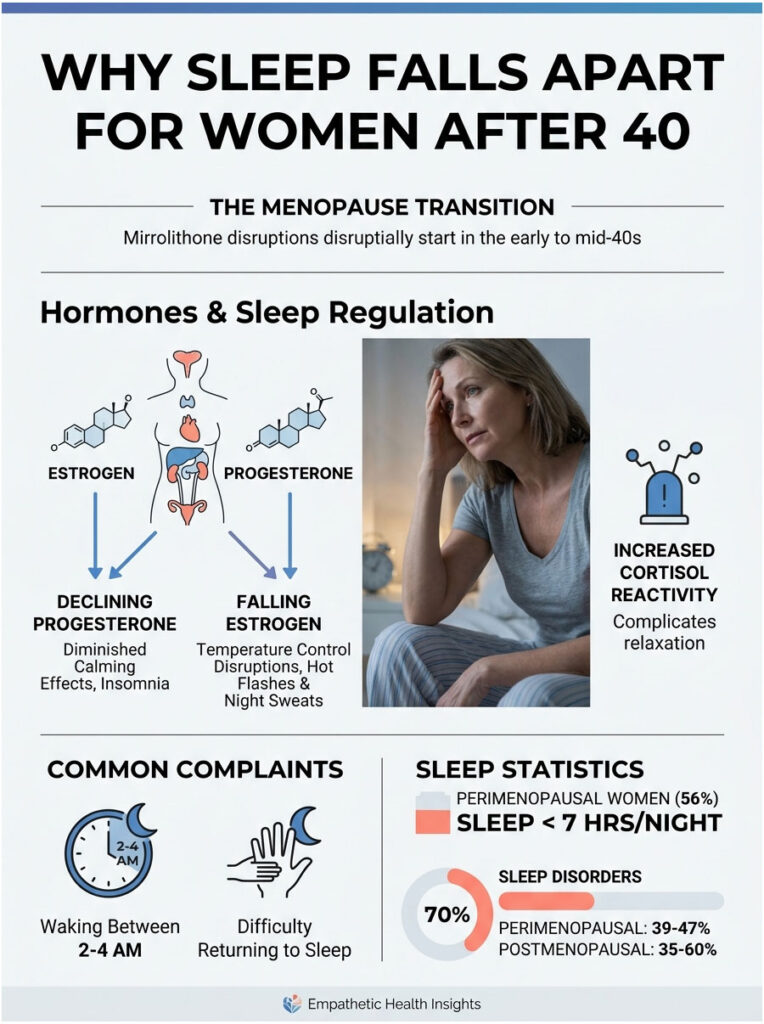 Infographic showing sleep issues for women over 40, highlighting hormones, common complaints, and sleep statistics.