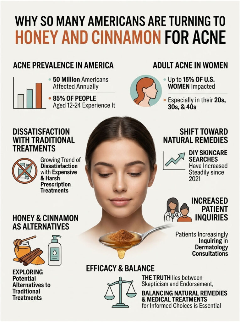 Infographic showing honey and cinnamon benefits for acne, with statistics and illustrations on treatments and trends.