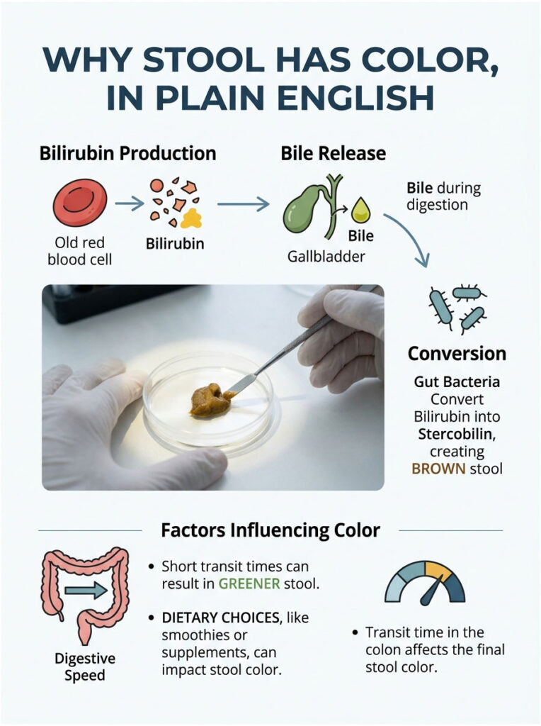 Infographic explaining stool color, featuring bilirubin production, bile release, and influencing factors with illustrations.