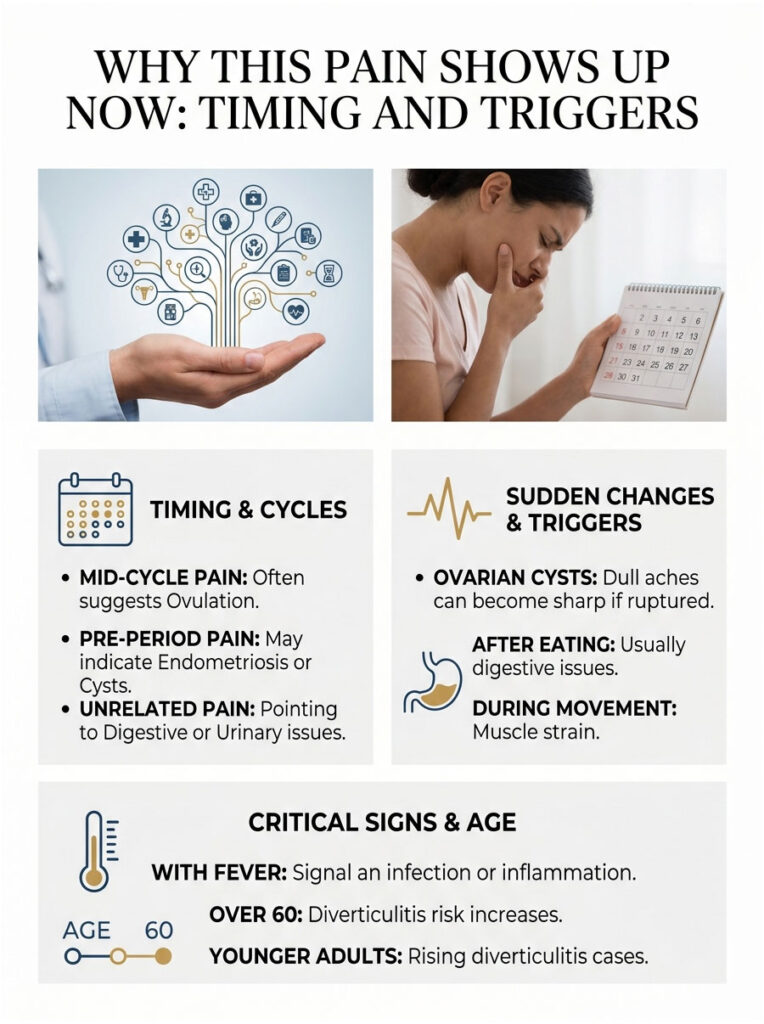 Infographic explaining pain timing and triggers with charts on cycles, signs, and age-related risks.