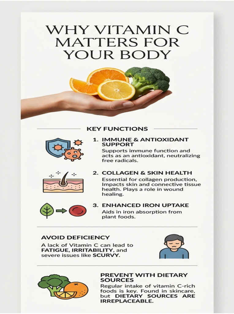 A hand holds oranges and broccoli; infographic explains vitamin C benefits, including immune support and skin health.