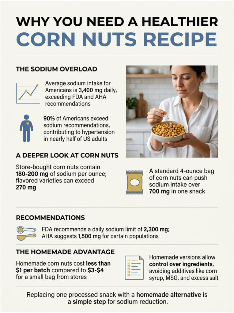 Infographic explaining sodium overload in corn nuts, with charts, recommendations, and a woman holding a bowl of corn nuts.