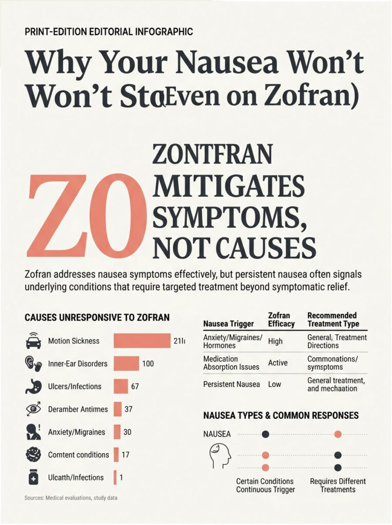 Infographic explaining why nausea persists despite Zofran, detailing causes and treatment options.