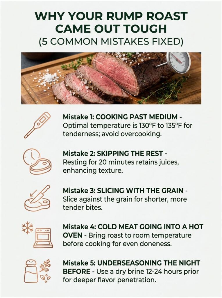Infographic detailing five common mistakes for cooking rump roast, with tips for tenderness and flavor enhancement.