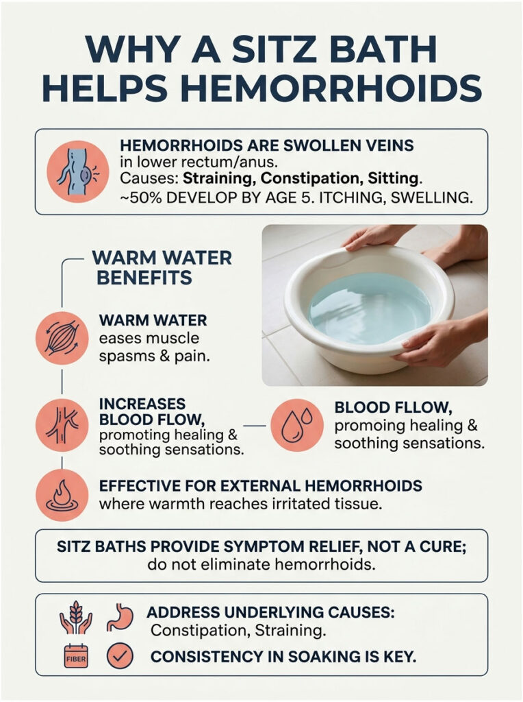 Infographic explaining how a sitz bath helps hemorrhoids with benefits and causes listed.