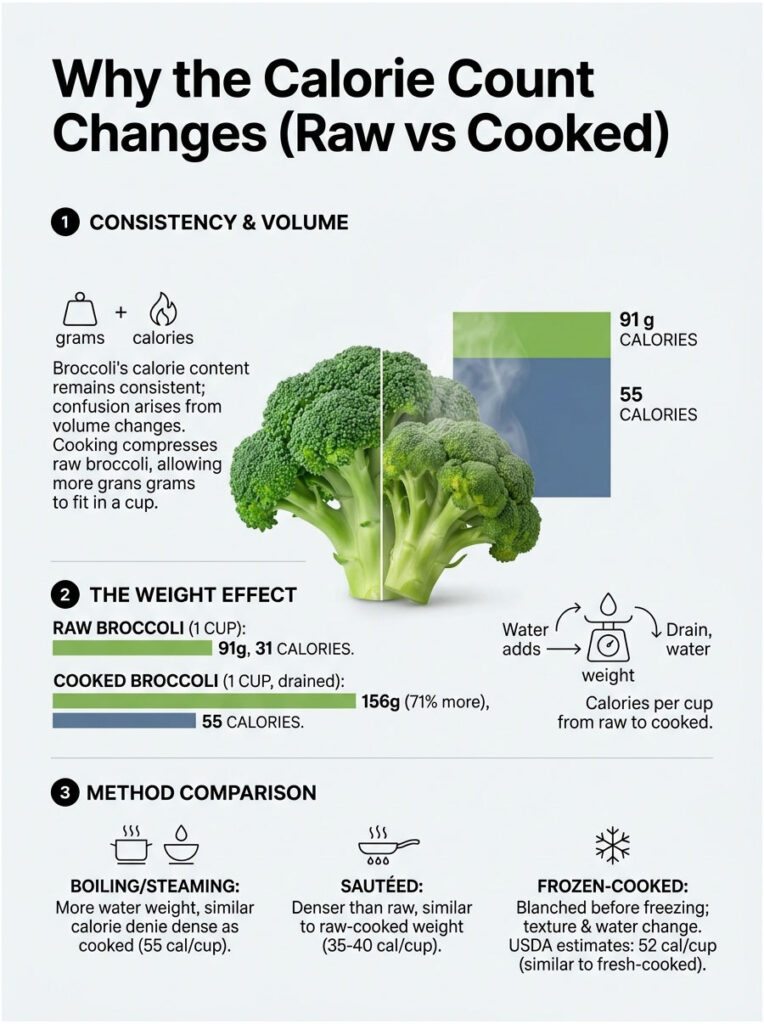 Infographic explaining calorie changes in broccoli when raw versus cooked, showing grams and calories for each method.