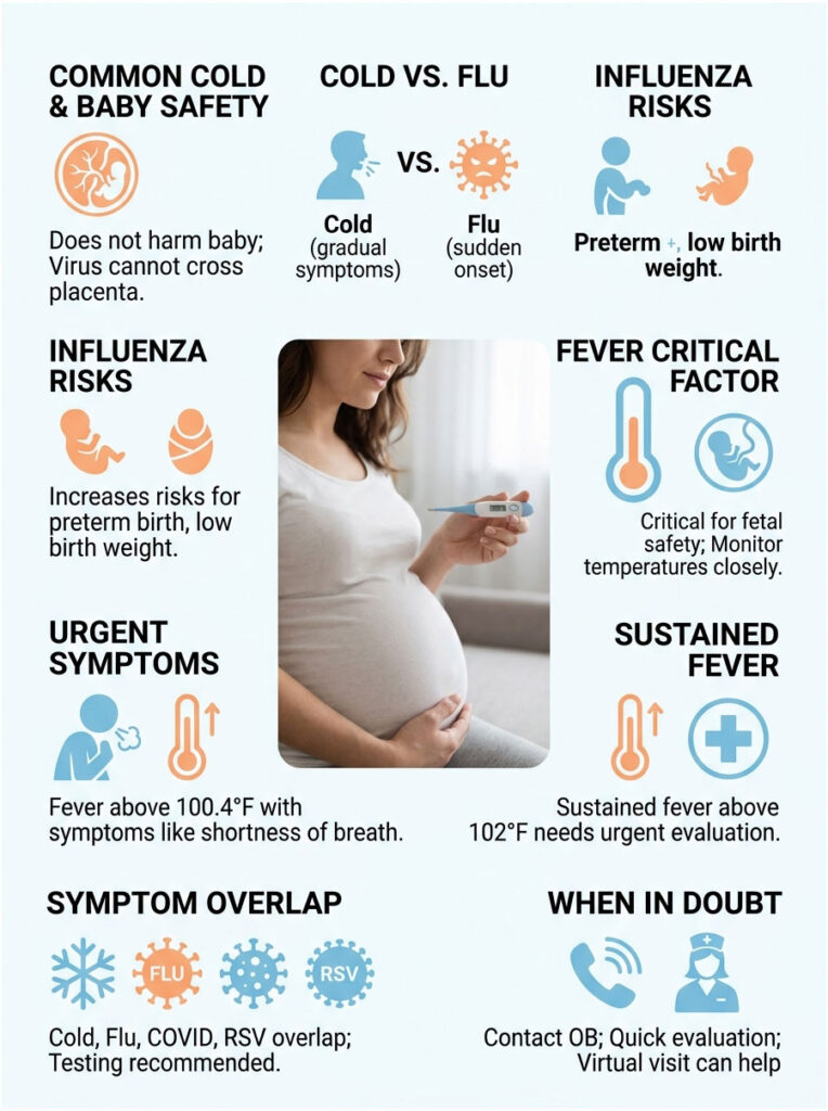 Infographic comparing cold and flu risks during pregnancy, featuring symptoms and safety tips for expectant mothers.
