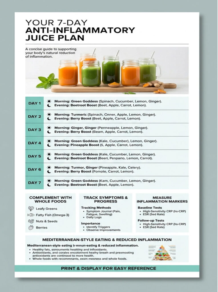 Infographic detailing a 7-day anti-inflammatory juice plan with recipes and tracking methods.