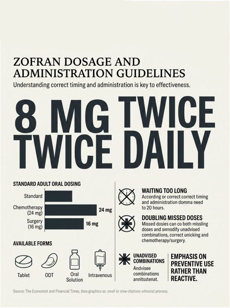 Infographic detailing Zofran dosage guidelines, including dosing, timing, and administration tips.
