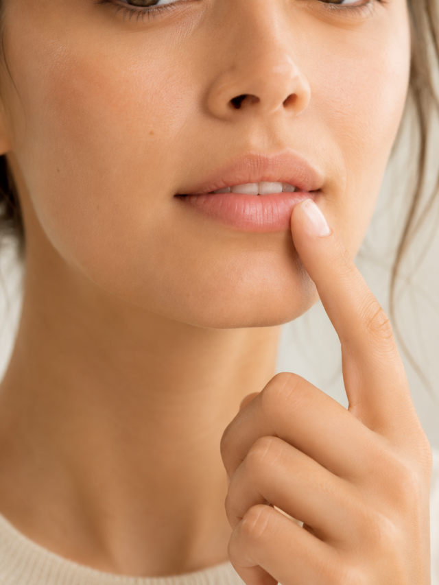 Close-up of a woman touching her lips with a finger, showcasing a natural beauty look. Infographic.