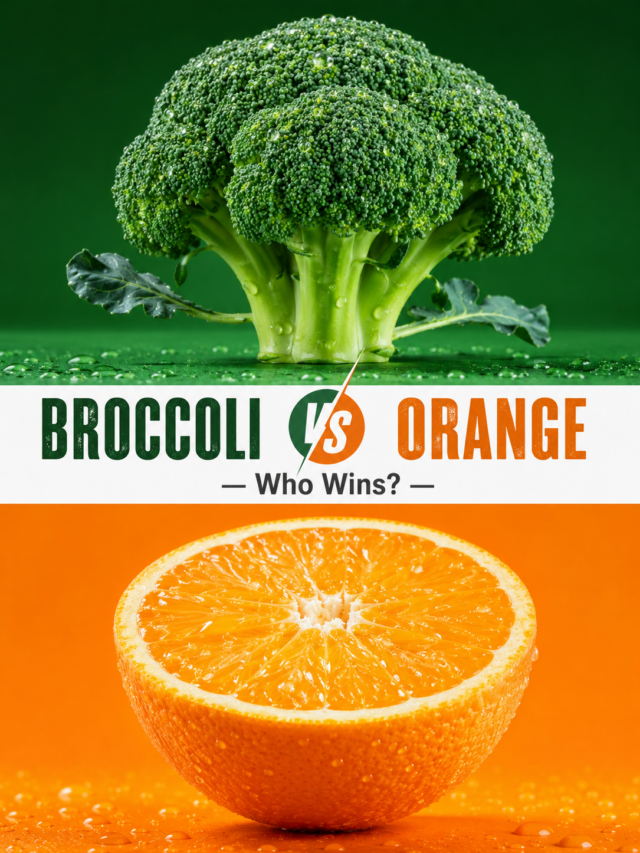 Broccoli and orange halves displayed with text "Broccoli vs Orange - Who Wins?" on vibrant backgrounds.