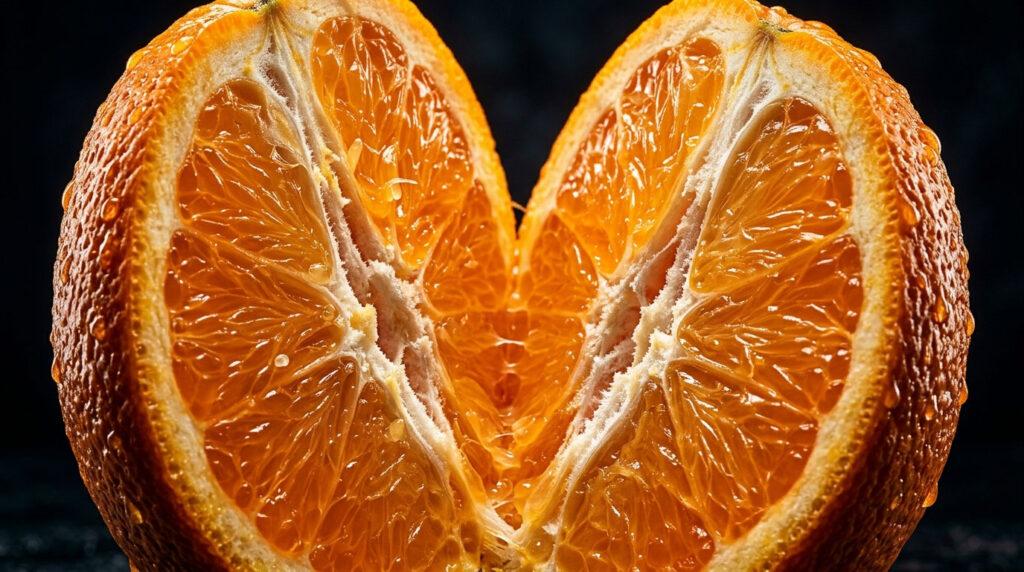 A freshly cut orange reveals juicy segments and vibrant color against a dark background.