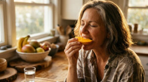 A woman enjoys a slice of mango while sitting at a kitchen table with a fruit bowl in the background.