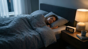 A woman sleeps peacefully in bed under a gray blanket, with a clock showing 11:00 and a lamp beside her.