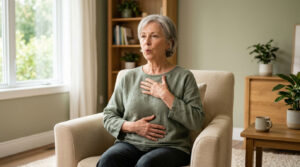 An older woman sits in a chair, practicing breathing techniques with her hand on her chest and stomach.
