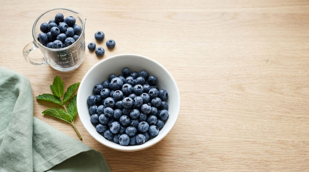 A bowl filled with fresh blueberries beside a measuring cup and green cloth on a wooden surface.