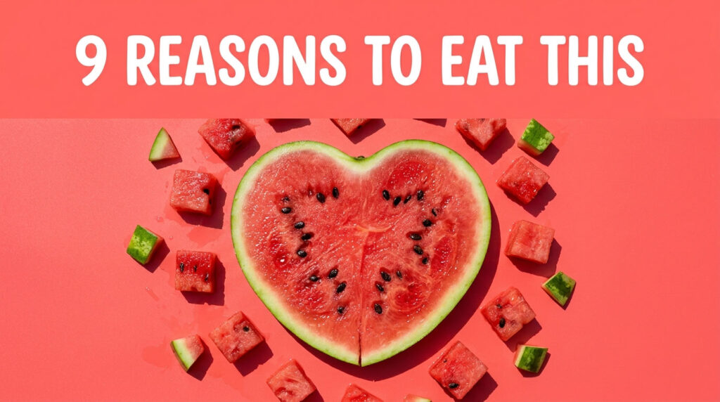 A heart-shaped watermelon slice surrounded by smaller watermelon cubes on a pink background.