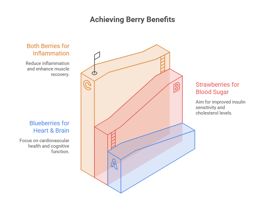 Infographic showing benefits of blueberries and strawberries for inflammation, heart health, and blood sugar levels.