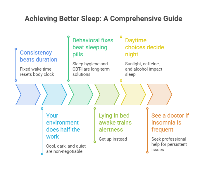 Infographic on achieving better sleep with tips like consistency, environment, and behavioral fixes.