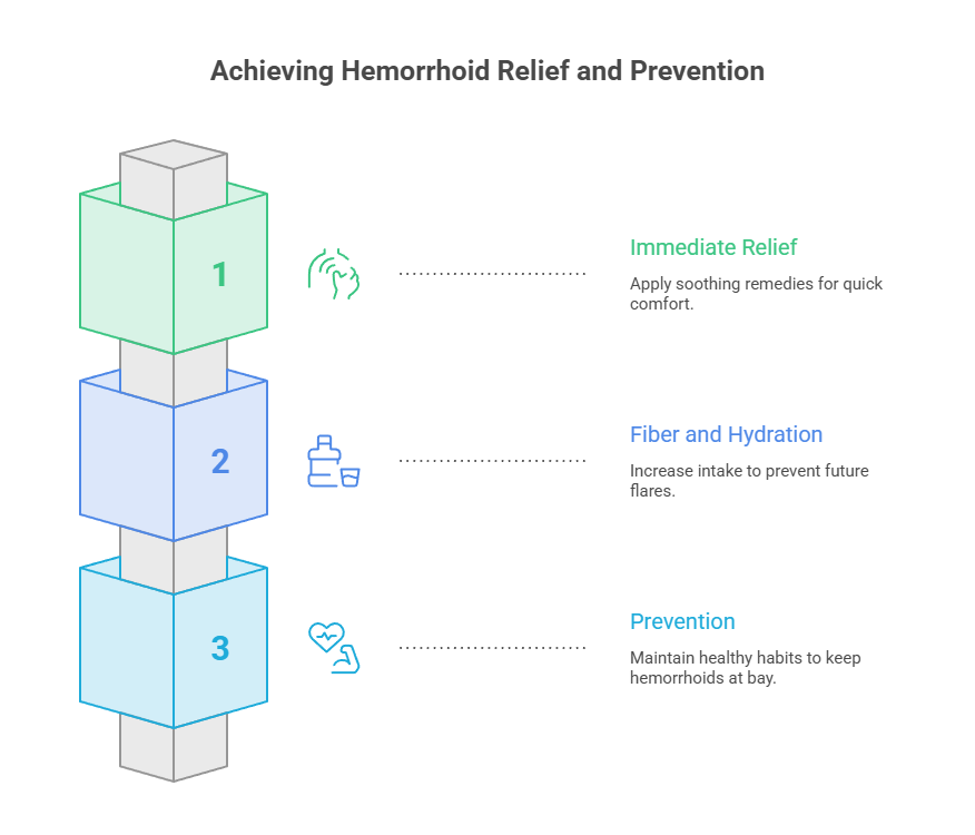 Infographic showing steps for hemorrhoid relief: Immediate relief, Fiber and hydration, and Prevention.