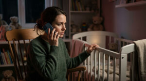 A woman in a green sweater talks on the phone while sitting in a rocking chair next to a crib in a dimly lit room.