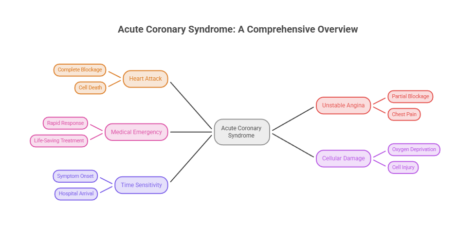 Mind map illustrating Acute Coronary Syndrome with key terms like Heart Attack, Medical Emergency, and Cell Death. Infographic.