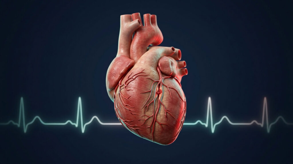 A detailed anatomical heart with visible veins against a dark background and an ECG line below it.