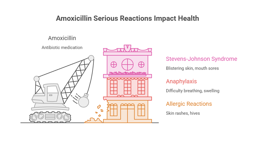 Infographic showing Amoxicillin's serious reactions including Stevens-Johnson Syndrome, Anaphylaxis, and Allergic Reactions.