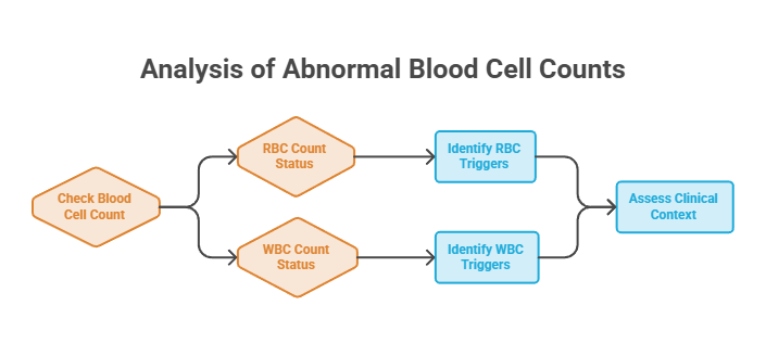 Flowchart analyzing abnormal blood cell counts with steps for RBC and WBC status and triggers.