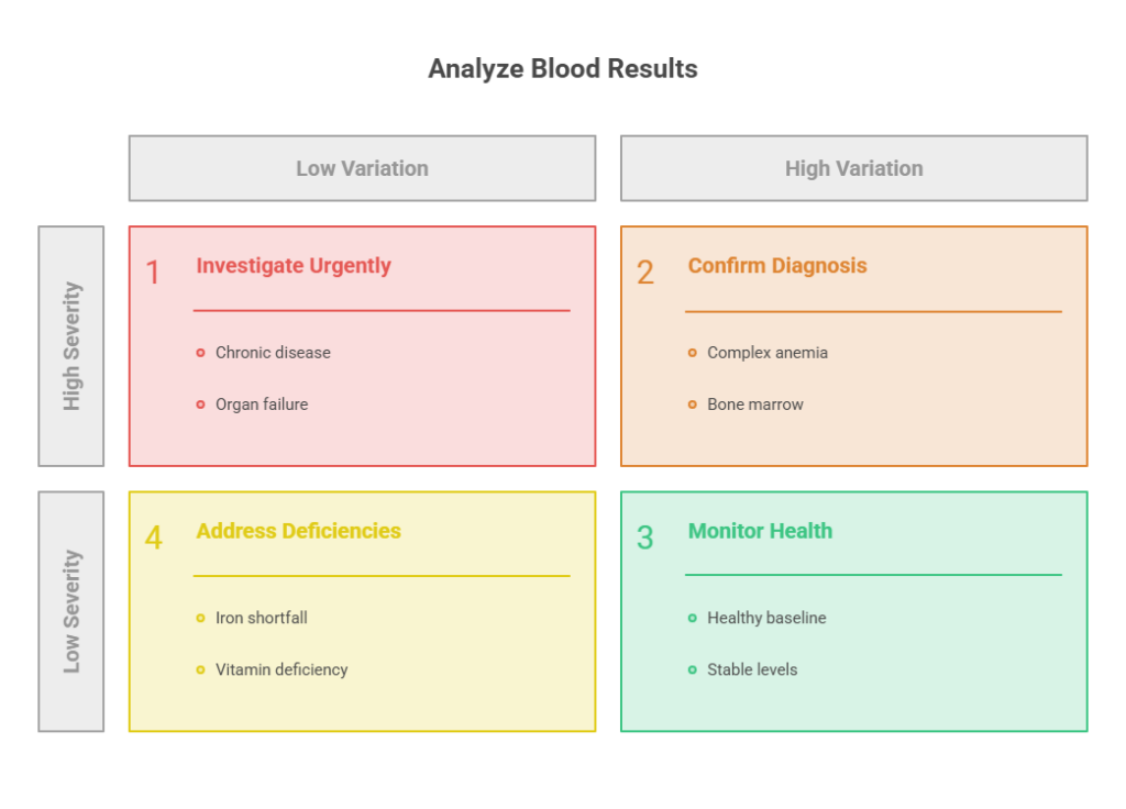 Infographic analyzing blood results with four categories: Investigate Urgently, Confirm Diagnosis, Monitor Health, Address Deficiencies.