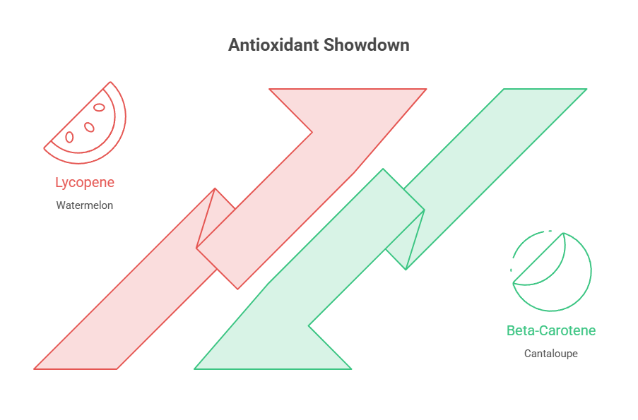 Antioxidant showdown infographic comparing lycopene in watermelon and beta-carotene in cantaloupe.