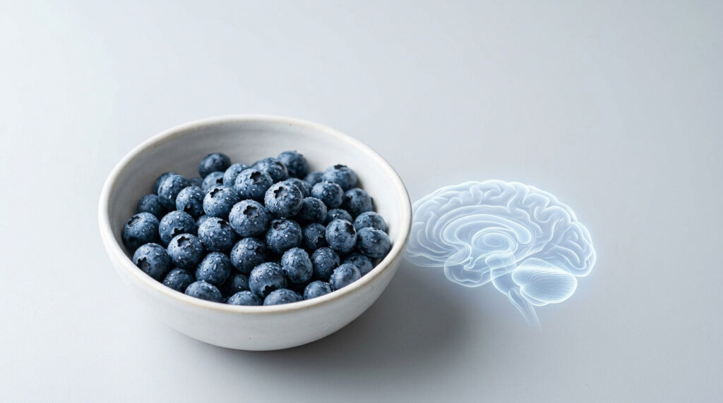 A bowl of fresh blueberries sits on a light surface with a brain illustration nearby.