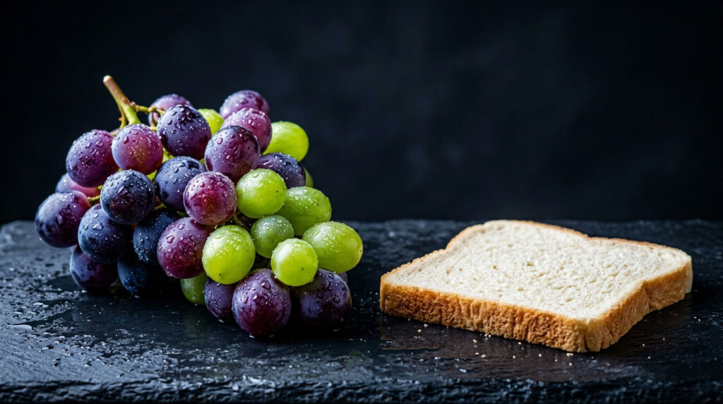 A cluster of purple and green grapes with water droplets beside a slice of bread on a dark slate surface.