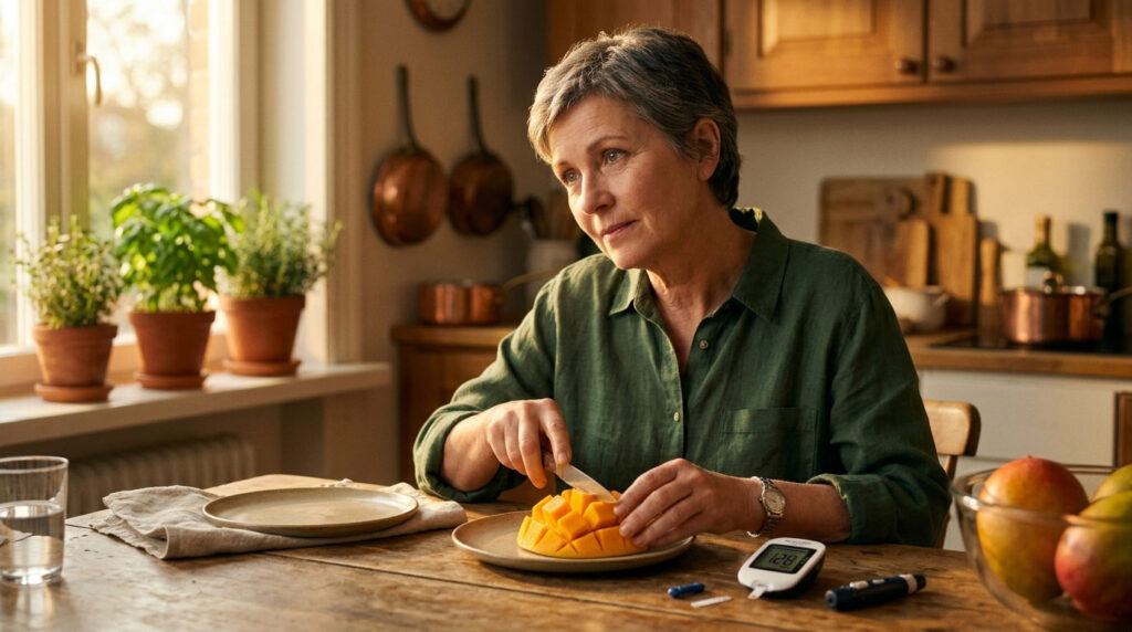 A woman slices mango on a plate in a cozy kitchen with plants and a blood glucose monitor nearby.