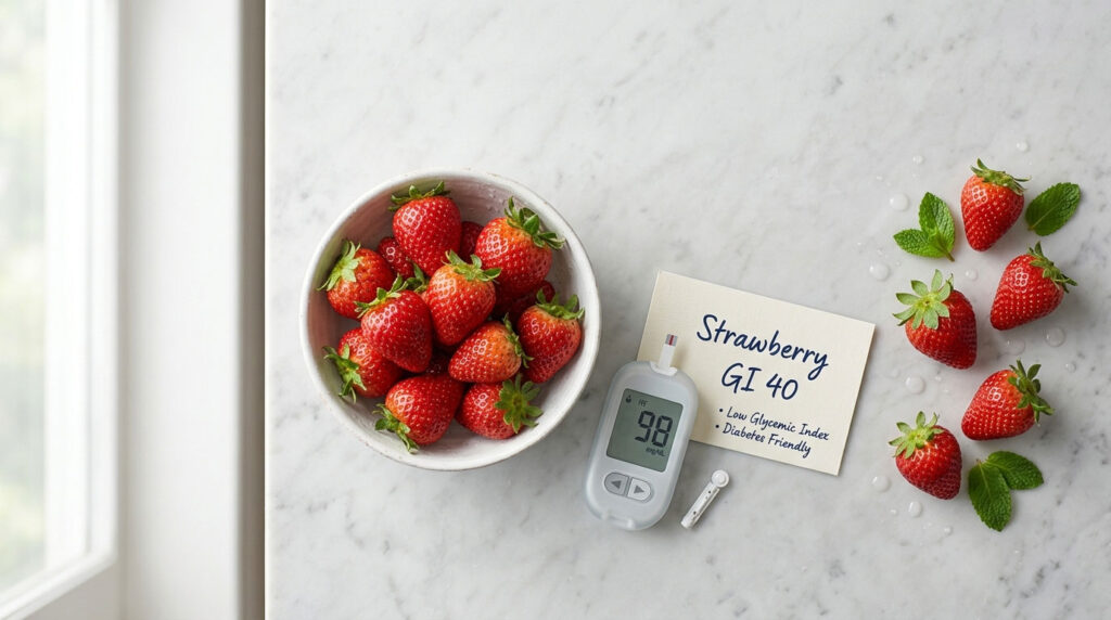 A bowl of fresh strawberries with a glucose meter and note on a marble surface.