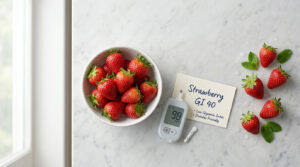 A bowl of fresh strawberries with a glucose meter and note on a marble surface.