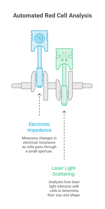 Infographic showing automated red cell analysis with electronic impedance and laser light scattering methods.