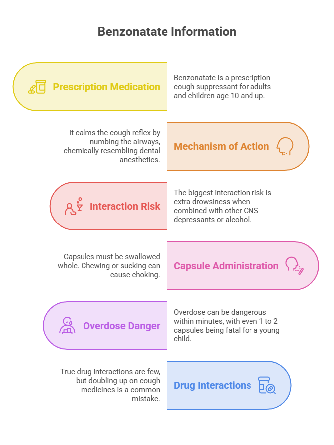 Infographic detailing Benzonatate information, including prescription medication, mechanism of action, interaction risk, capsule administration, overdose danger, and drug interactions.