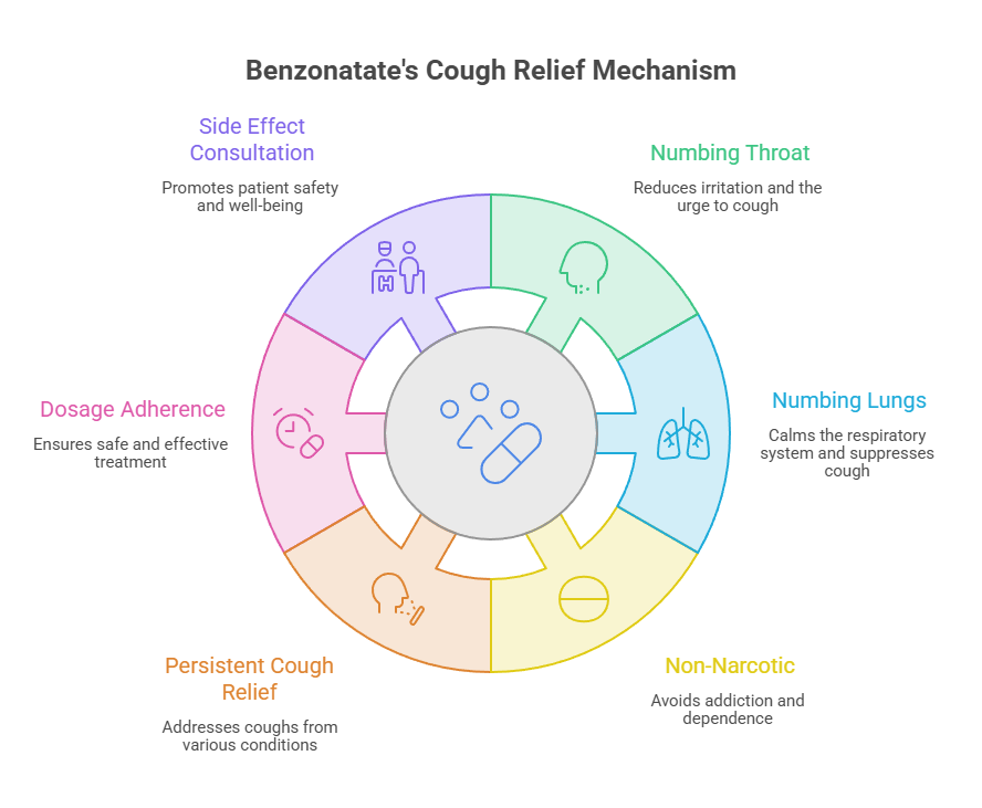 Infographic illustrating Benzonatate's cough relief mechanism with labeled sections and icons for each benefit.