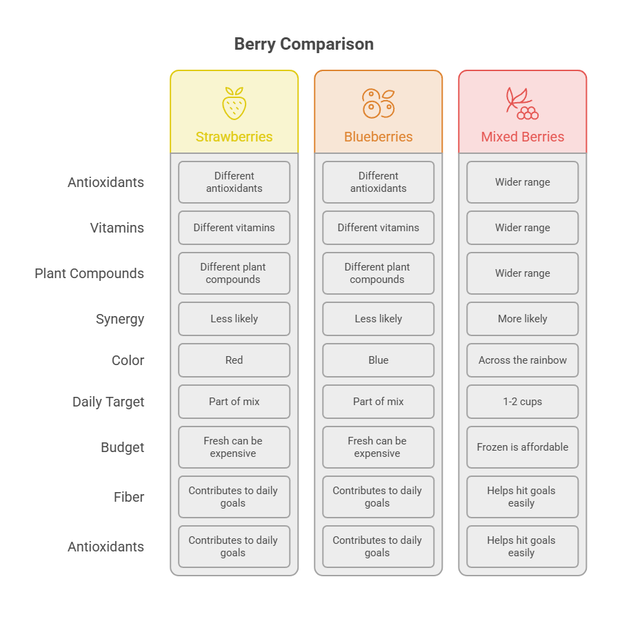 Comparison of strawberries, blueberries, and mixed berries on antioxidants, vitamins, plant compounds, and more in an infographic.