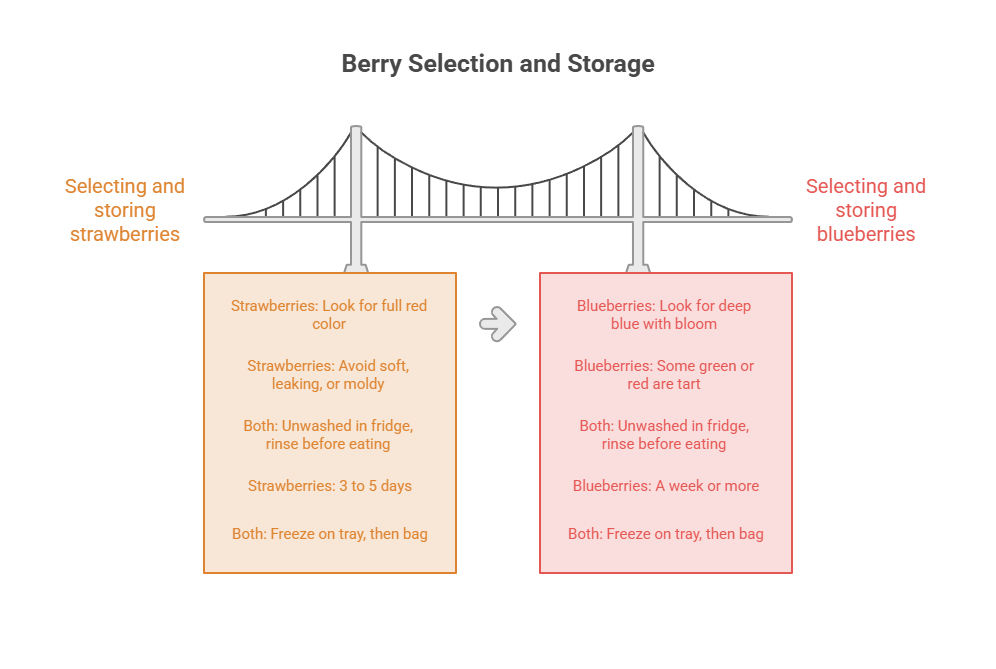 Infographic comparing strawberry and blueberry selection and storage tips with text and icons.