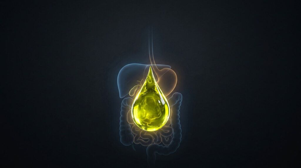 A glowing yellow oil droplet hovers above a transparent outline of a digestive system on a dark background.